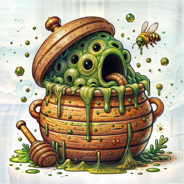 image of green slime in a pot of honey with alien bees