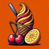 Colorful digital artwork of a whimsical ice cream cone with two cherries and a slice of lemon, with a popsicle stick inserted, against an orange background.