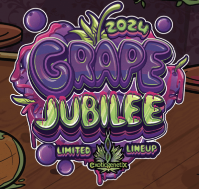 Colorful graphic for the '2021 Grape Jubilee Limited Lineup' by Exotic Genetix, featuring vibrant, grape-themed design elements and logo.