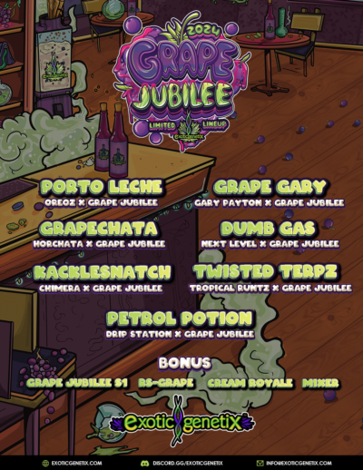 Illustrated promotional poster for Exotic Genetix's 2021 Grape Jubilee lineup, featuring stylized cannabis strain names against a whimsical dispensary backdrop.