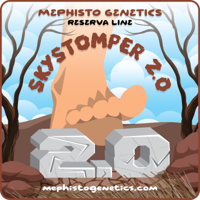 Promotional graphic for Mephisto Genetics Reserva Line featuring 'SkyStomper 2.0' with a stylized giant foot amidst trees and rocks, against a cloudy sky backdrop.