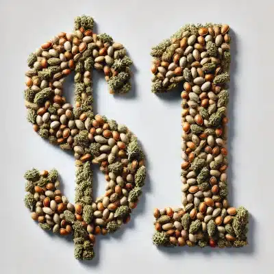 Graphic image of $1 written in cannabis seeds